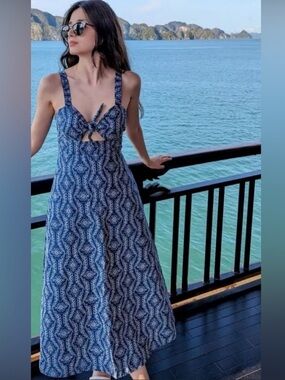 ZARA Blue Rubberized Eyelet Ling Dress with Front Cutout and bow. NWT S